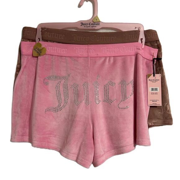 Juicy Couture Other - Juicy Couture Lounge Shorts Women L Pink Brown 2 Pk Velour Plush Bling Logo NWT